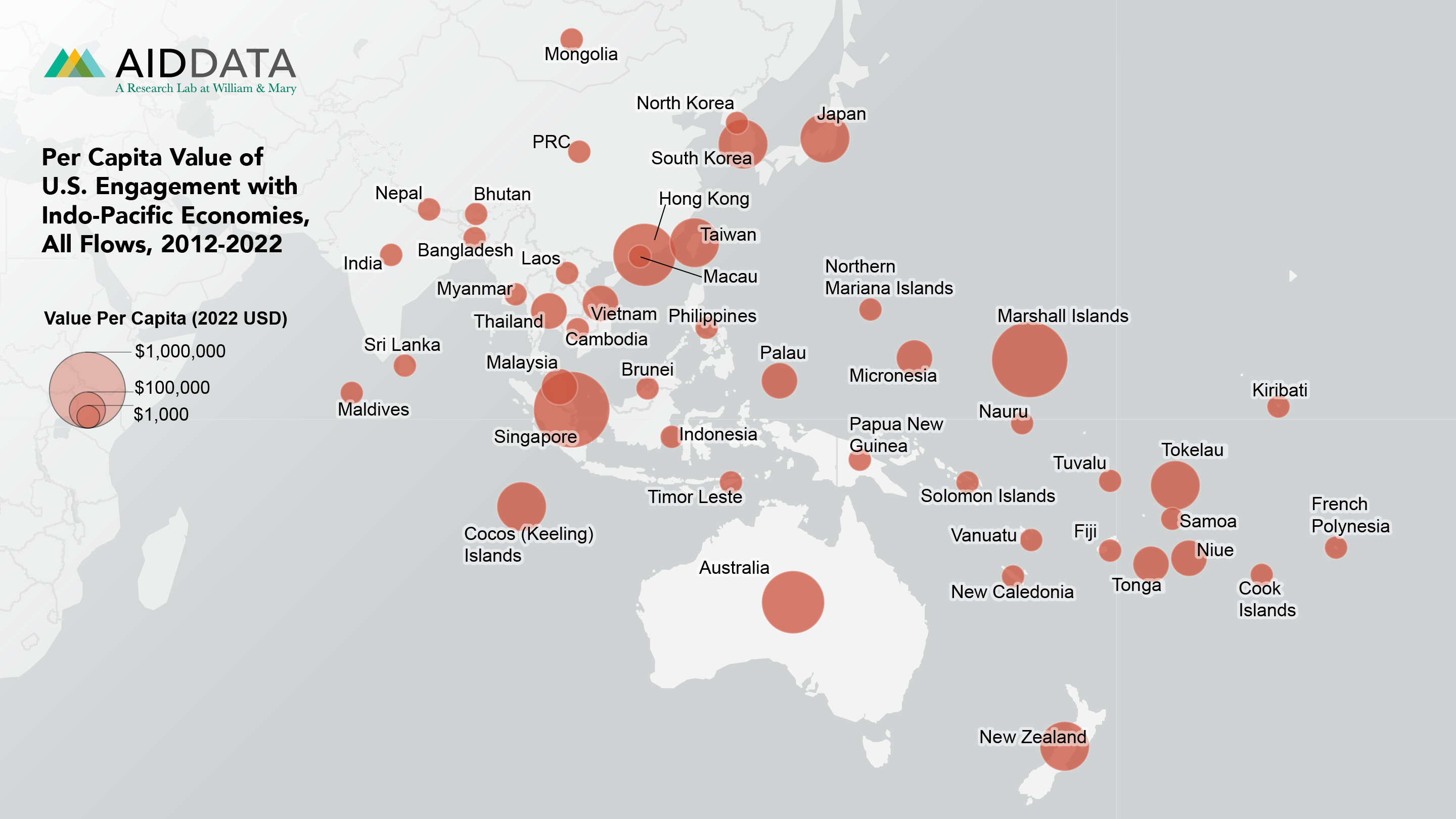 Map of Per Capita Value of U.S. Engagement with Indo-Pacific Economies, All Flows, 2012-2022